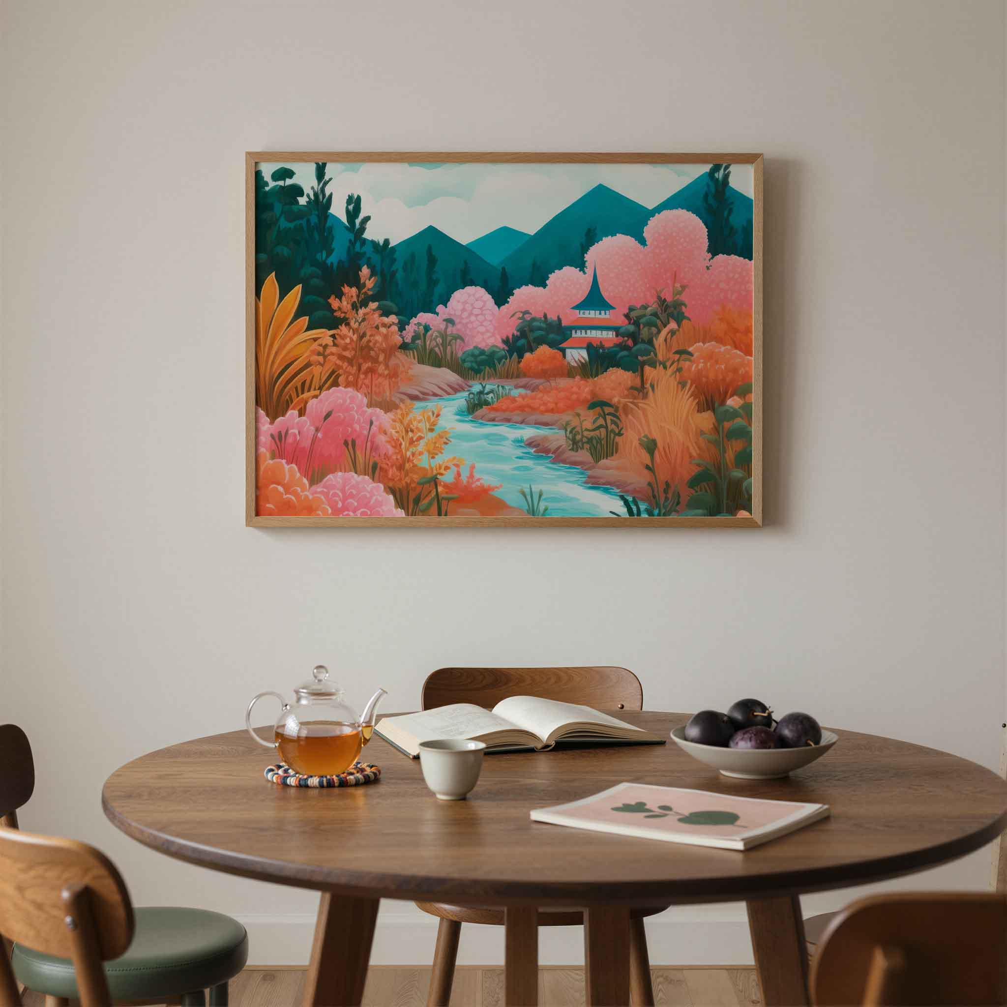 Landschap met rivier en pagode Poster