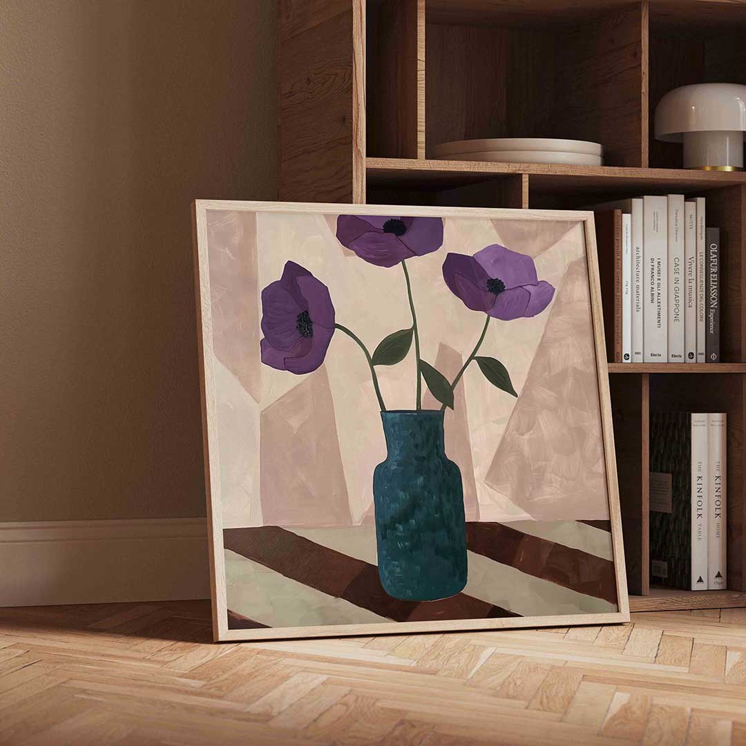 Paarse bloemen in vaas Poster