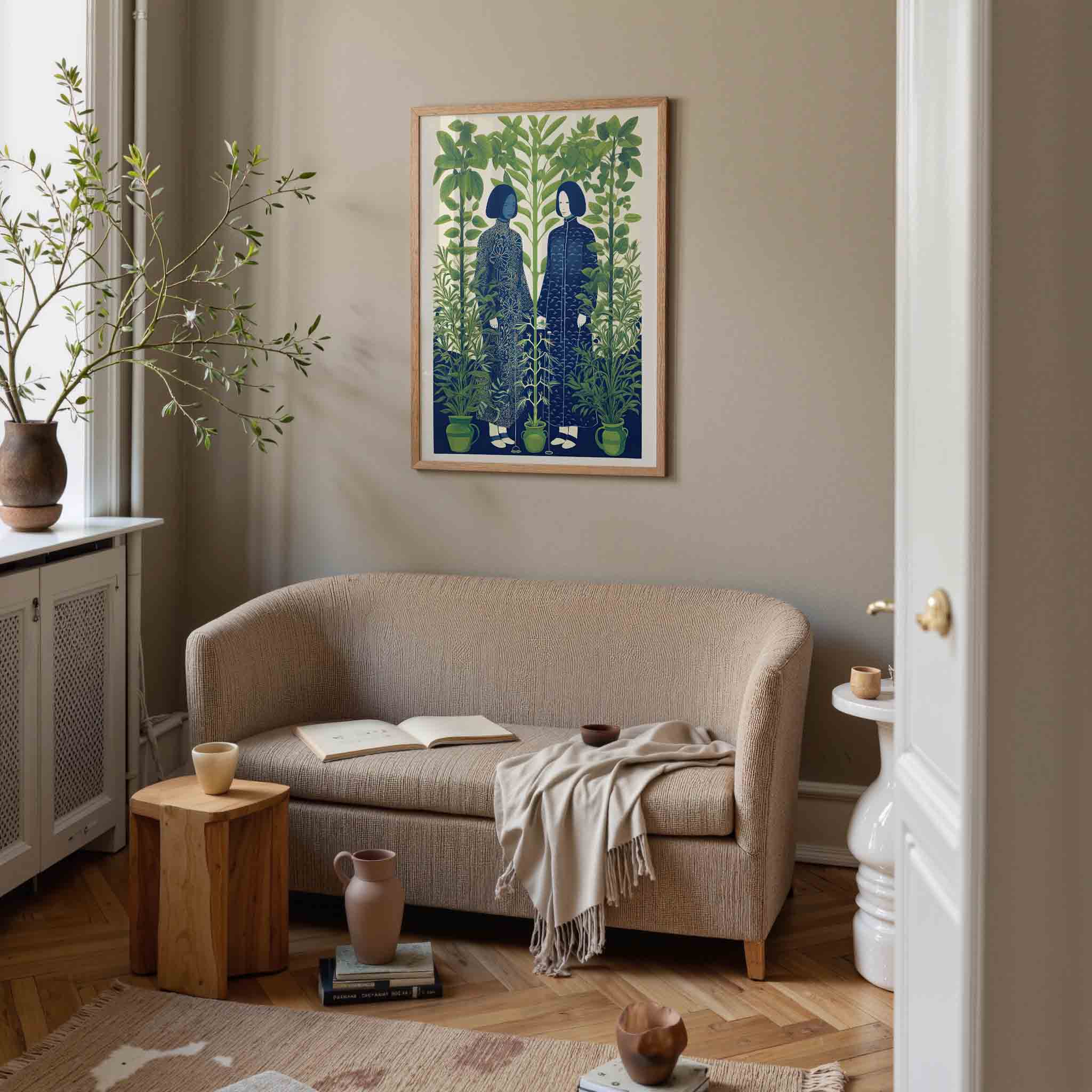 Twee figuren tussen planten Poster