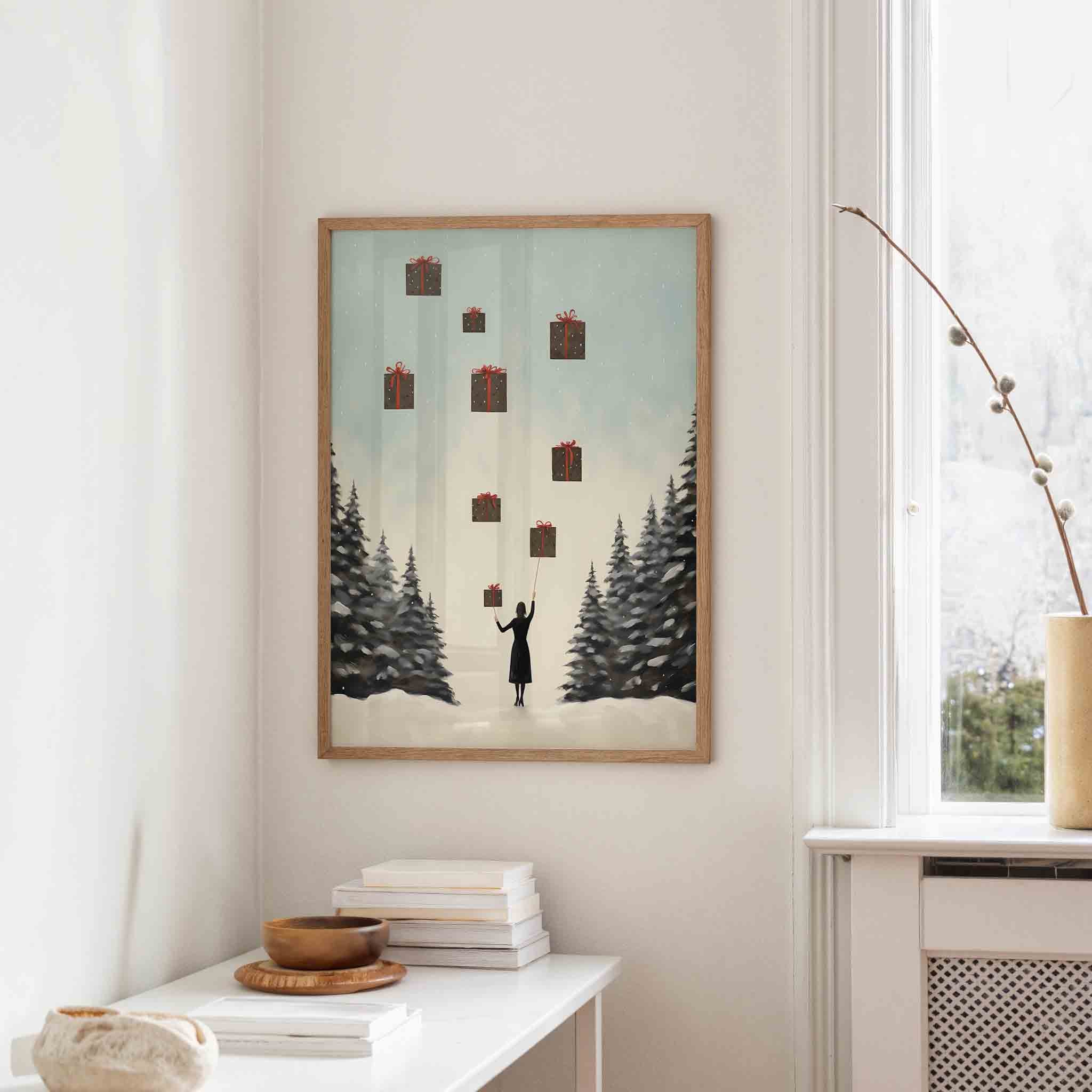 Vrouw met zwevende cadeaus Poster
