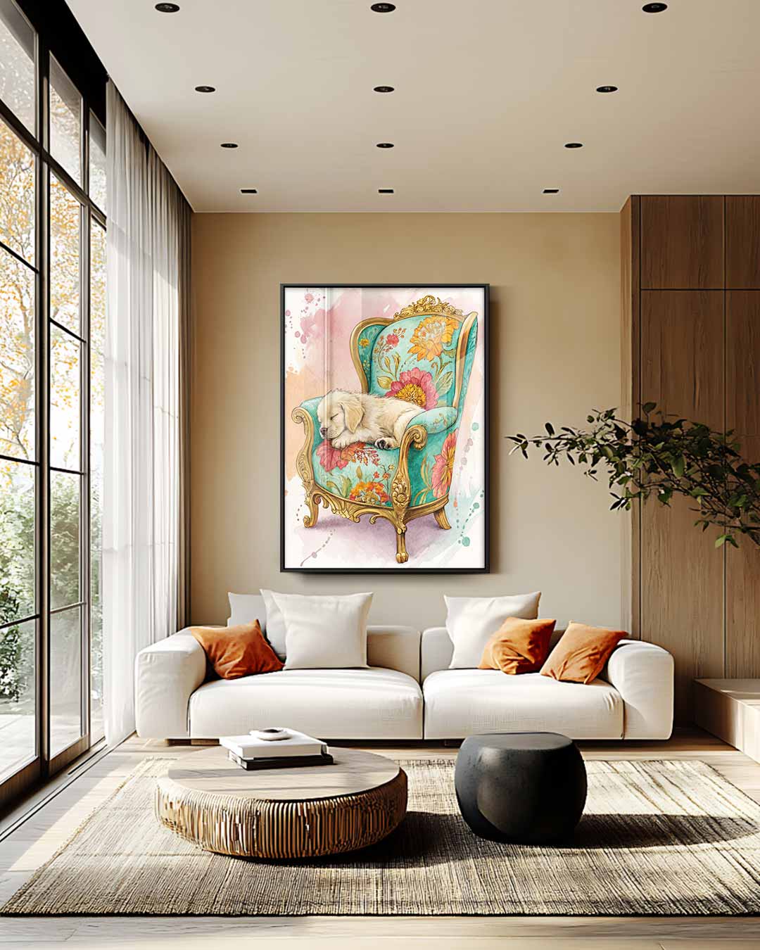 Schattige Rust op Bloemenstoel Kunstwerk-canvas-dibond-plexiglas-wanddecoratie-WallArtistic
