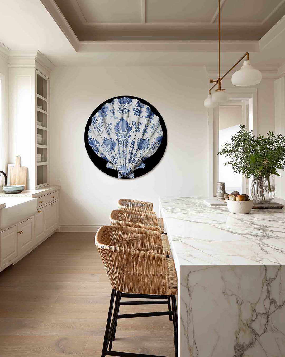 Blauw witte schelp Muurcirkel