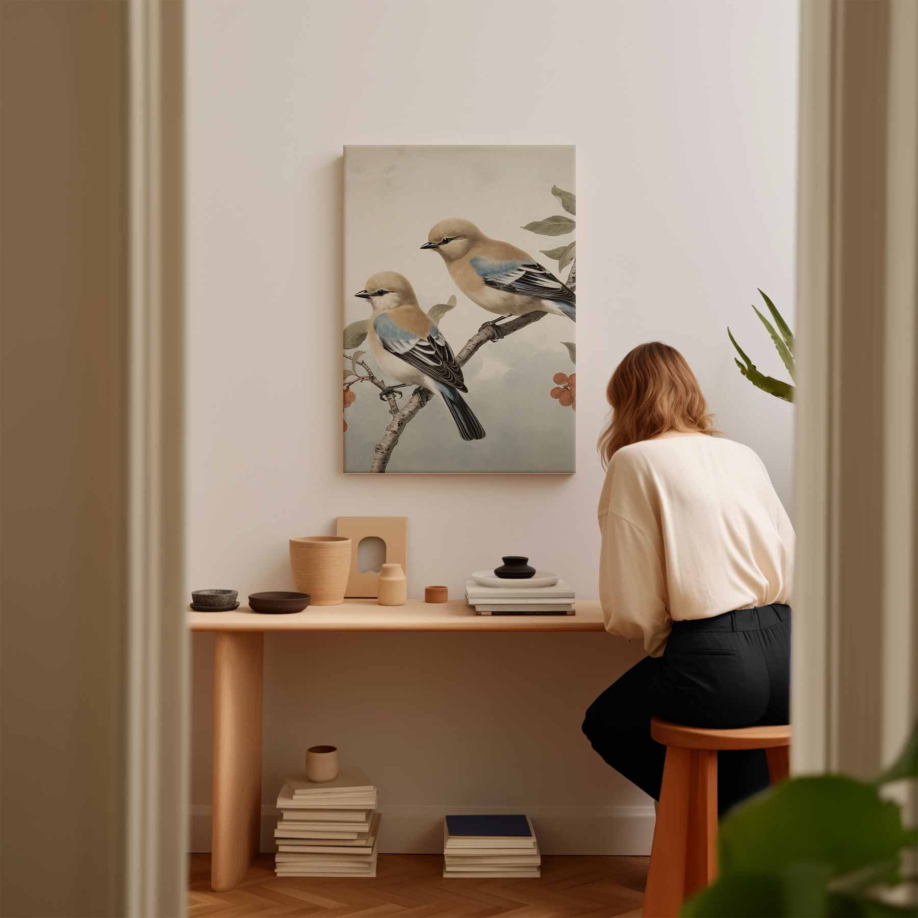 Dromerige Vogels op een Tak Kunstwerk-canvas-dibond-plexiglas-wanddecoratie-WallArtistic