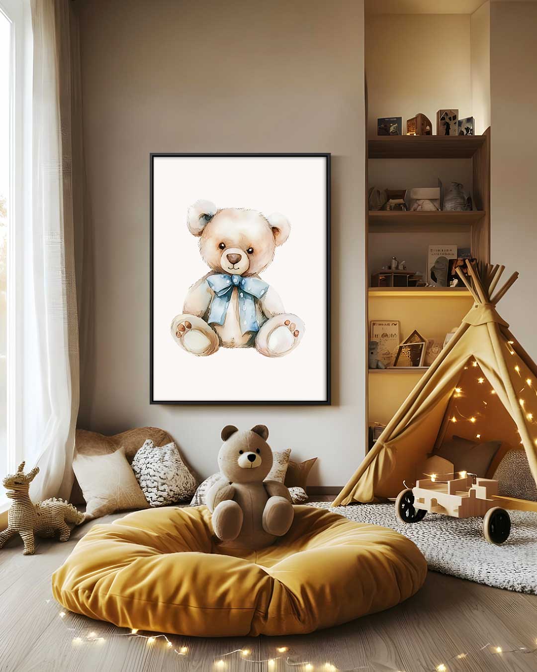 Schattige Beer met Blauwe Strik Kunstwerk-canvas-dibond-plexiglas-wanddecoratie-WallArtistic