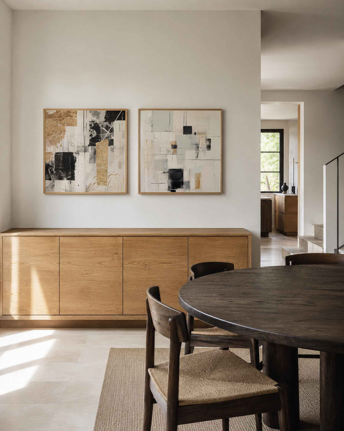 Interieurpresentatie van een tweedelige vierkante posterset met zwart goud abstract