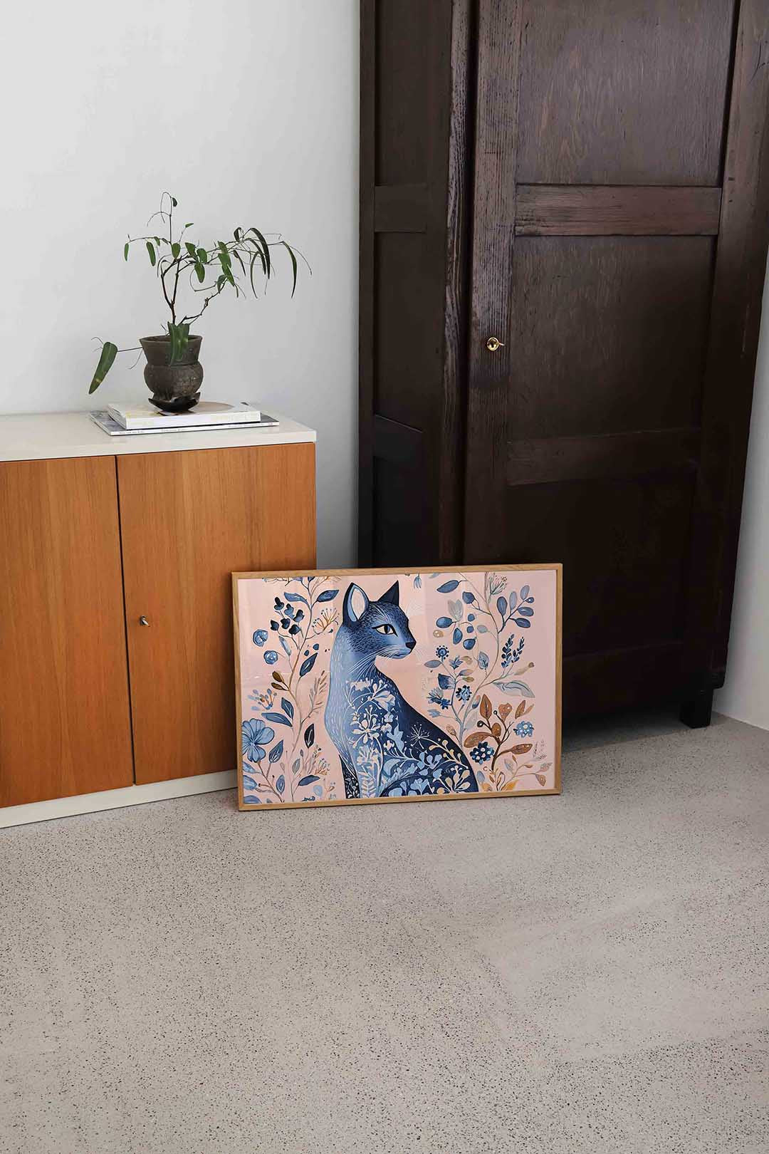 Blauwe kat met bloemen Poster