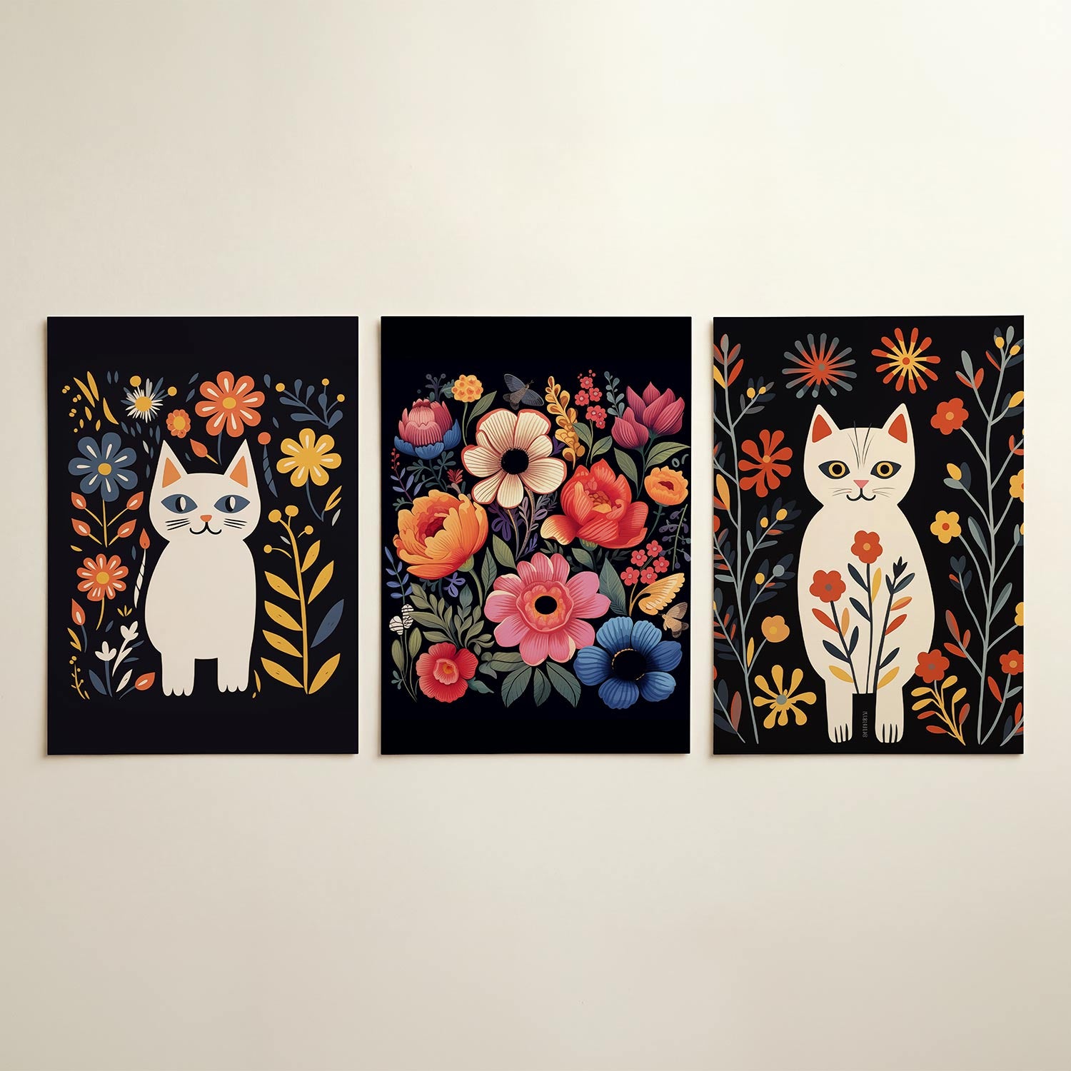 Kleurrijke kat en bloemen Posterset