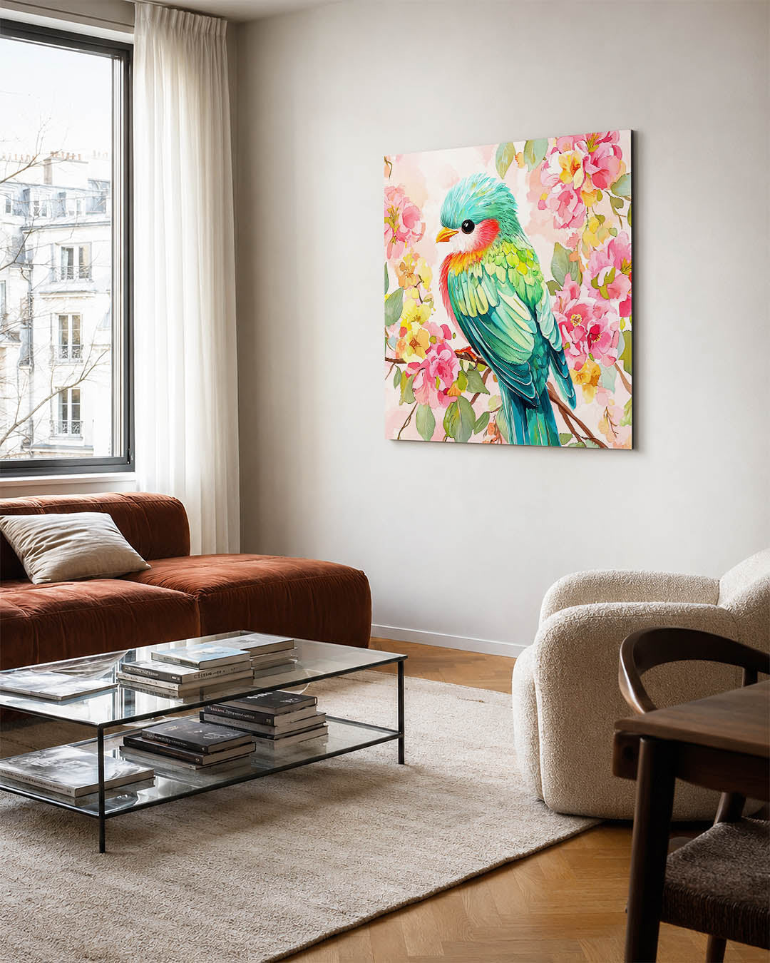 Vrolijke vogel en bloemen Kunstwerk