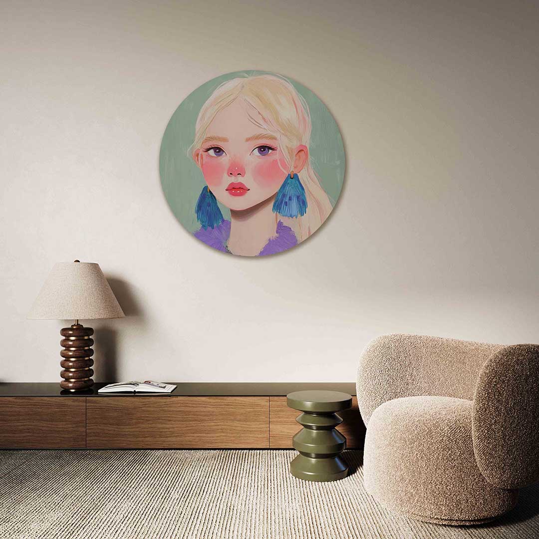 Portret met blauwe oorbellen Muurcirkel