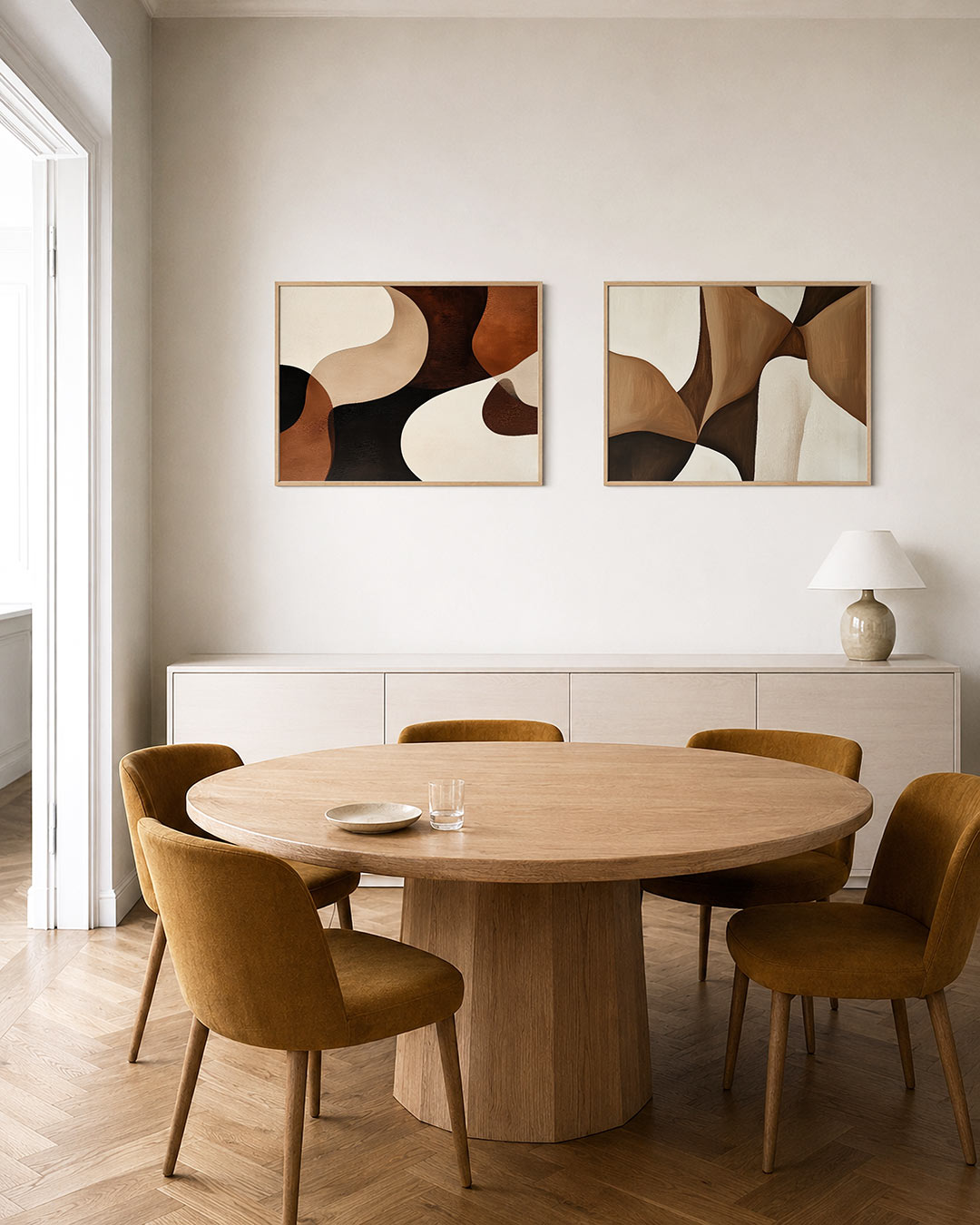 Twee liggende posters met vloeiende lijnen en zachte kleurvlakken in bruin, beige en wit, aan de muur in een interieur