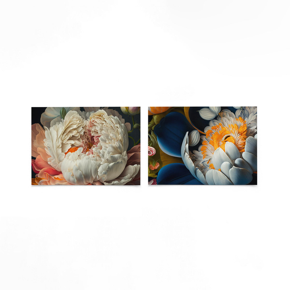 Twee liggende posters met een weelderige bloem op een gebroken witte achtergrond