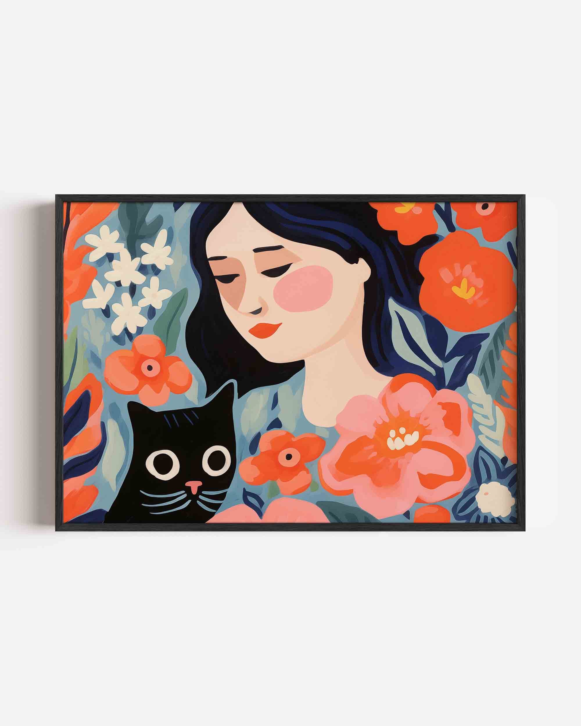 Vrouw met kat en bloemen Poster