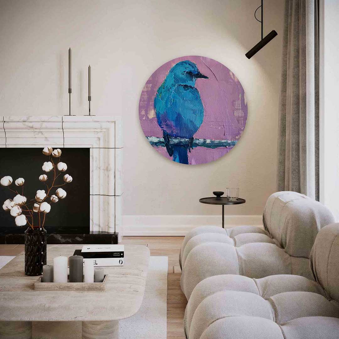 Blauwe vogel op paarse achtergrond Muurcirkel