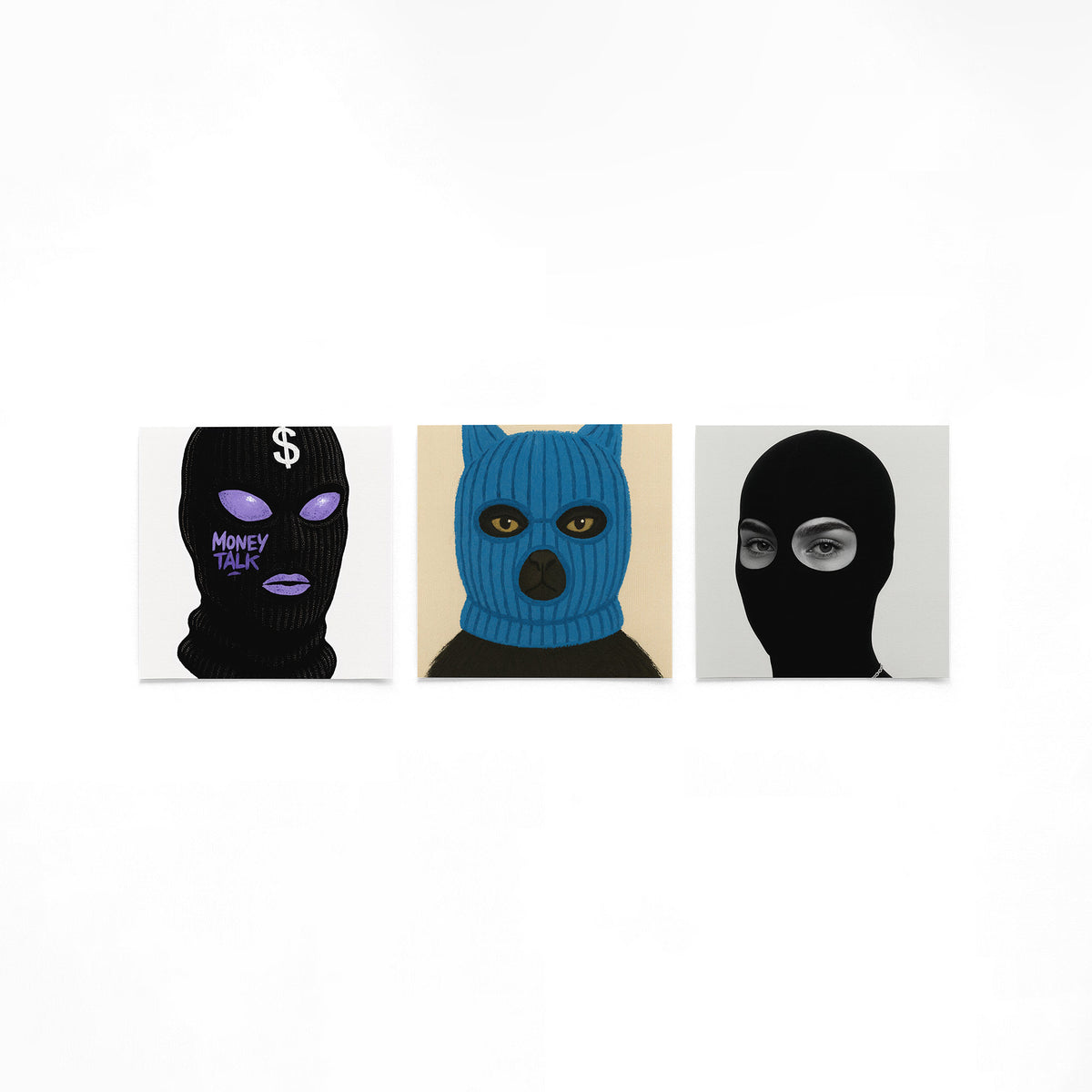 Drie vierkante posters met maskerportretten op een gebroken witte achtergrond
