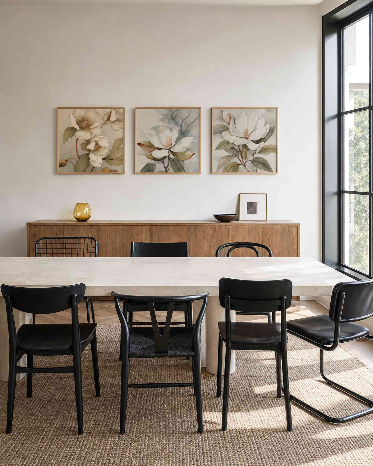 Interieurpresentatie van een driedelige vierkante posterset met magnolia bloemen