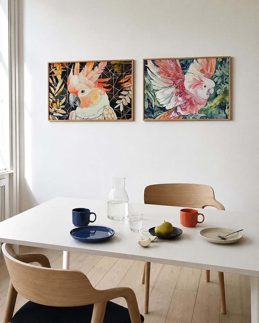 Twee liggende posters met een kleurrijke vogel met roze en oranje tinten, aan de muur in een interieur