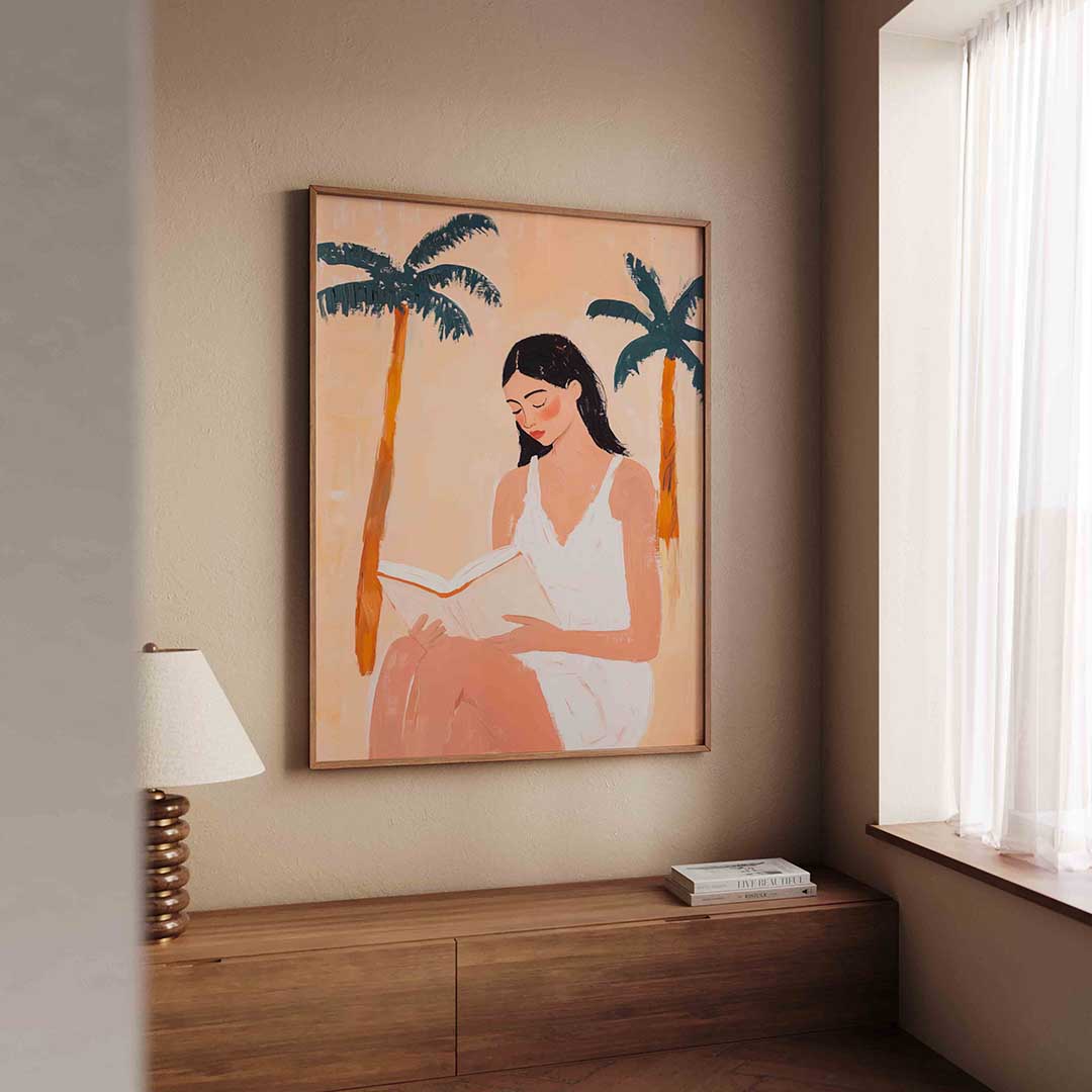 Lezende vrouw met palmbomen Poster