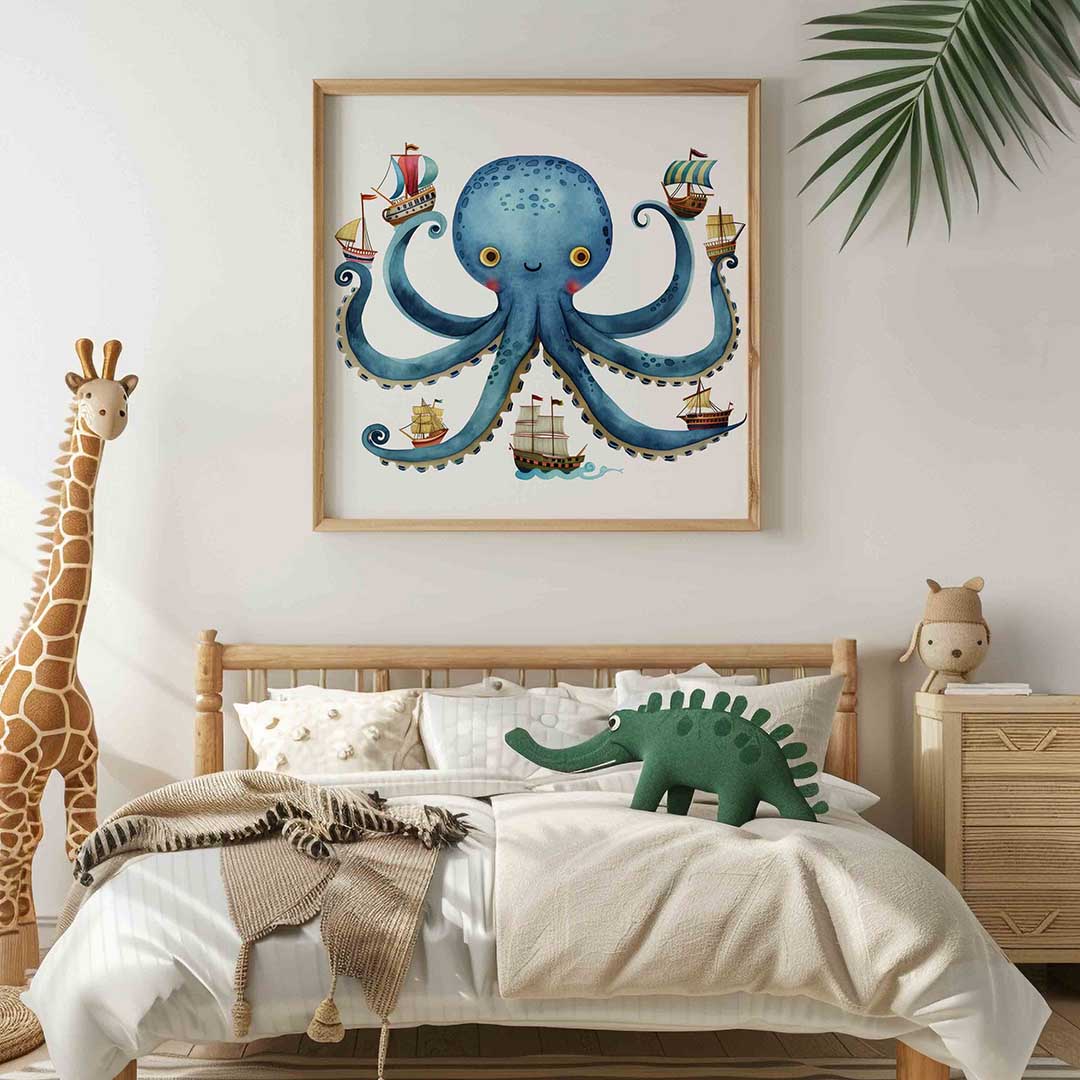 Blauwe octopus met schepen Poster