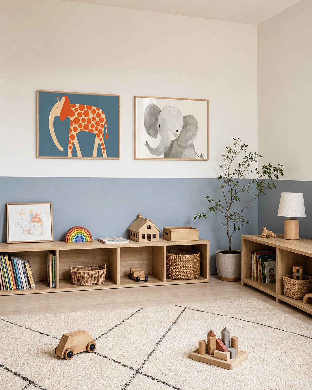 Interieurpresentatie van twee posters met een speelse olifant met oranje stippen op een beige lichaam