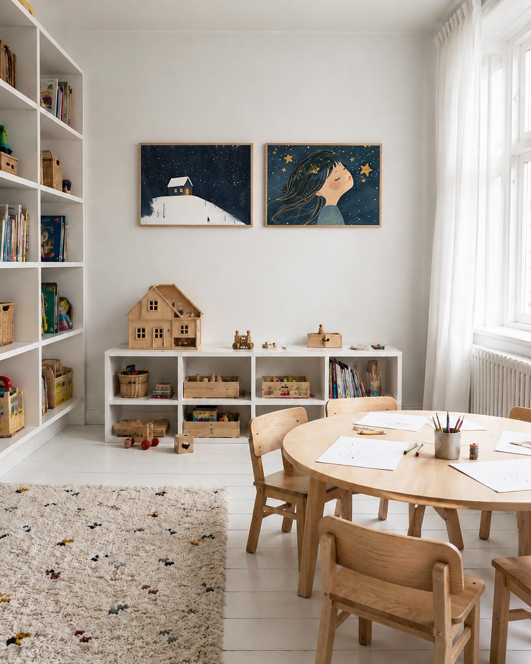 Tweedelige posterset met een eenzaam huisje straalt warm licht uit, getoond in een interieur