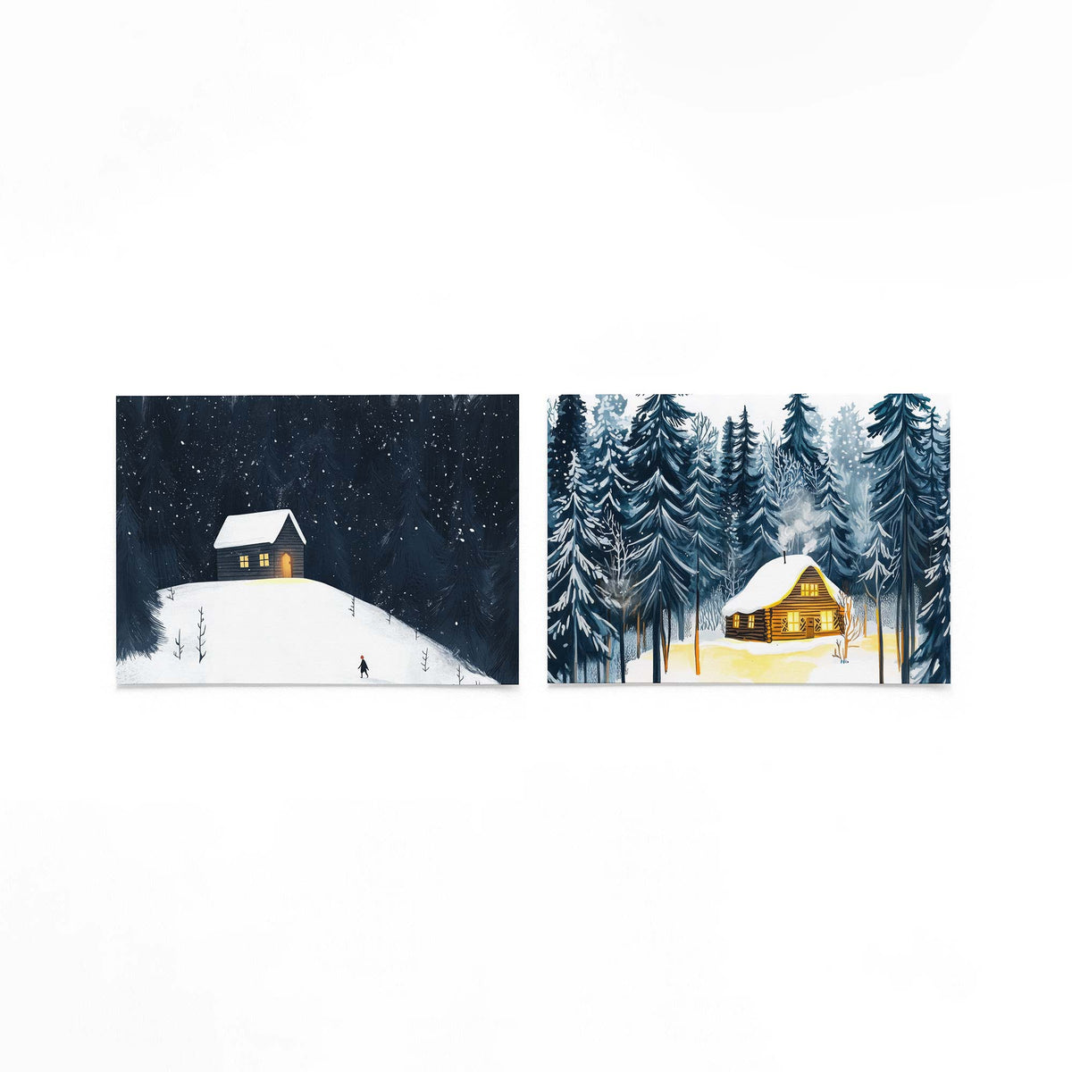 Twee liggende posters met een eenzaam huisje op een besneeuwde heuvel op een gebroken witte achtergrond