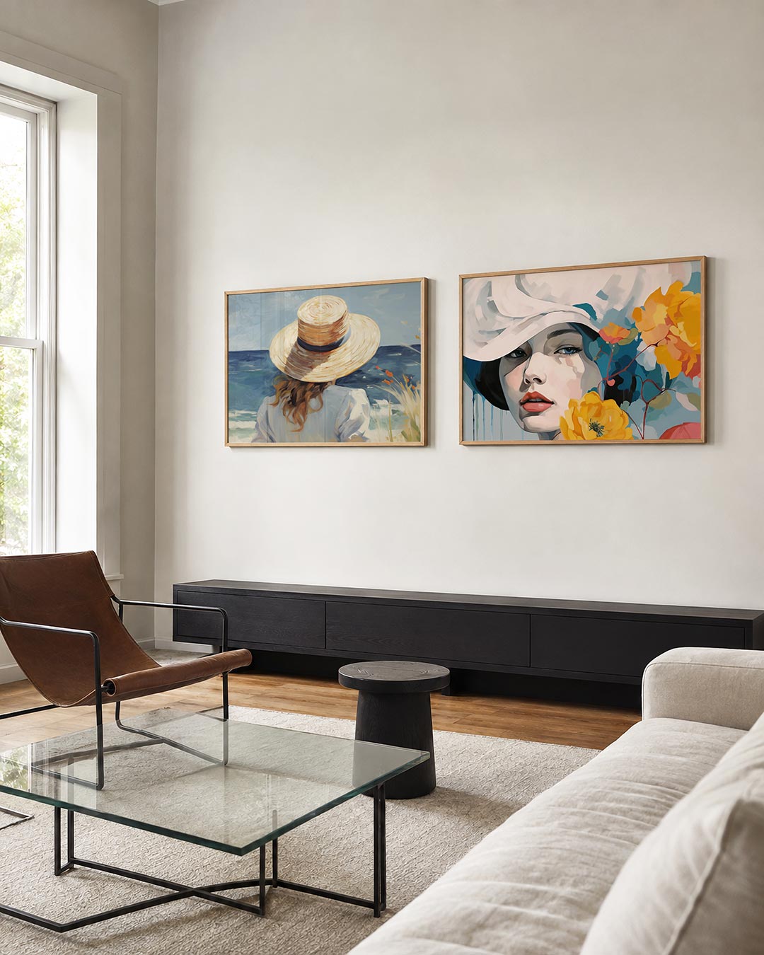 Tweedelige posterset met een vrouw met een hoed uitkijkend over de zee, getoond in een interieur