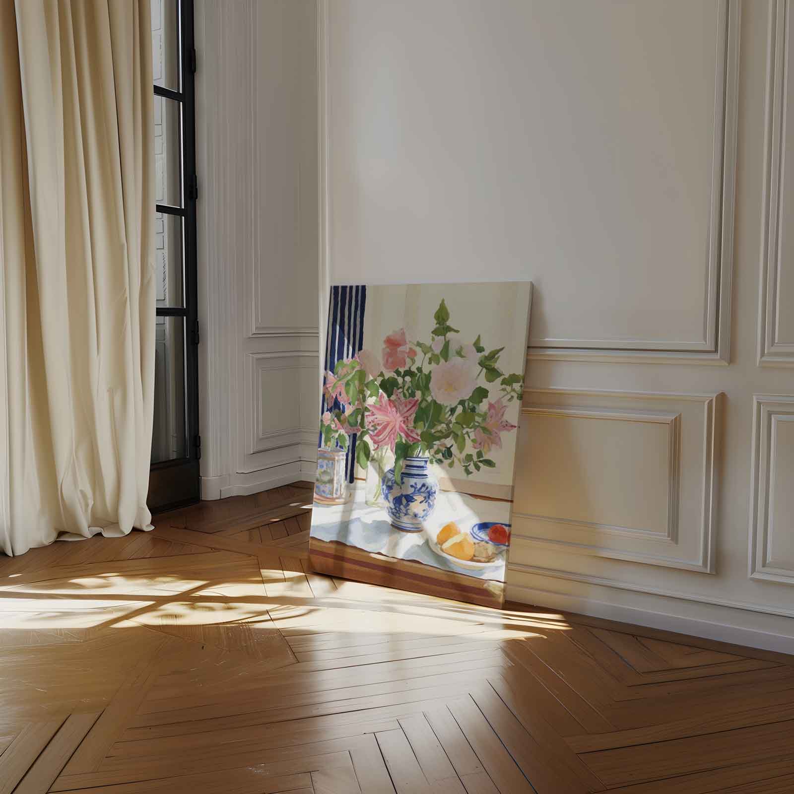 Bloemenpracht in Blauw-Witte Vaas Kunstwerk-canvas-dibond-plexiglas-wanddecoratie-WallArtistic