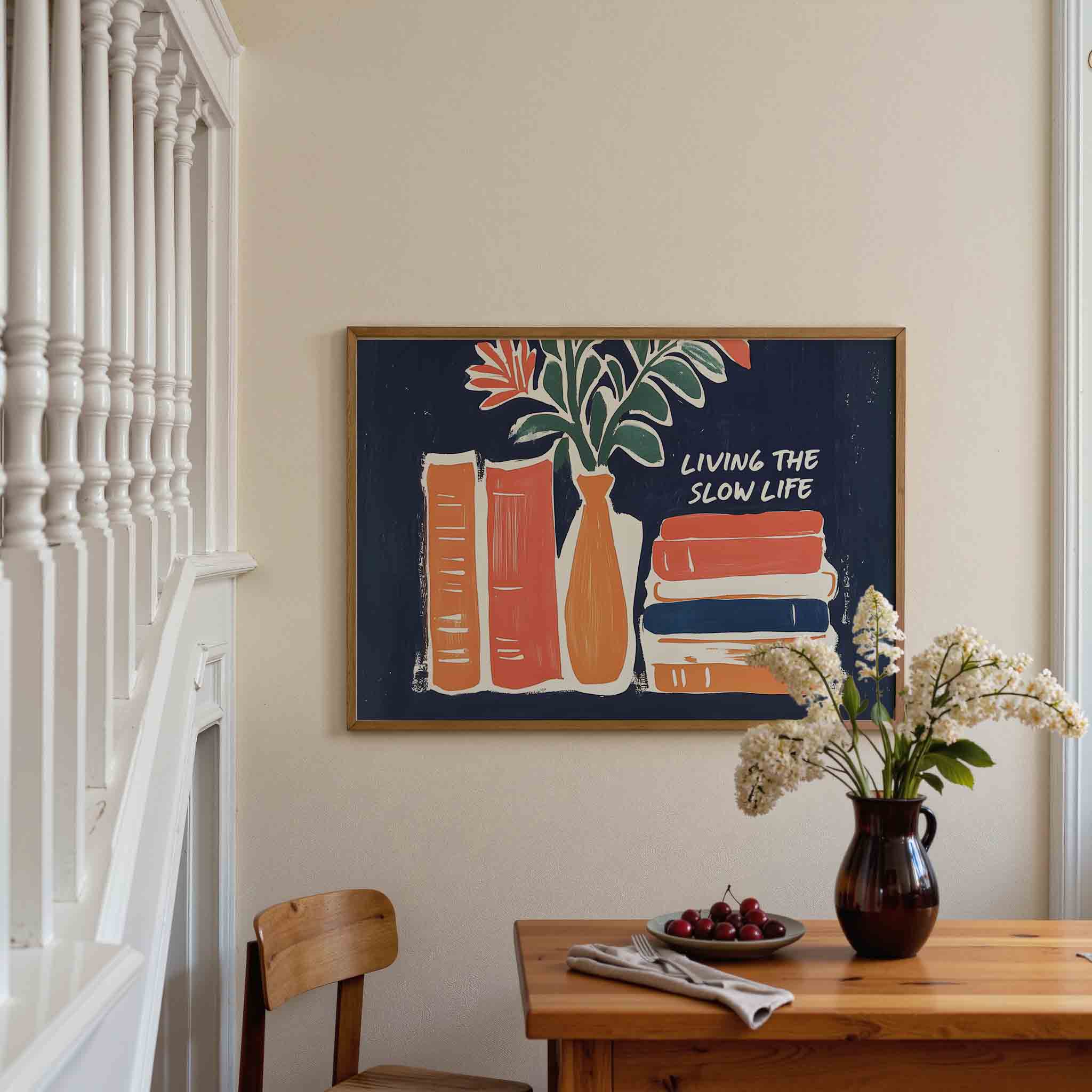 Boeken en vaas met bloemen Poster