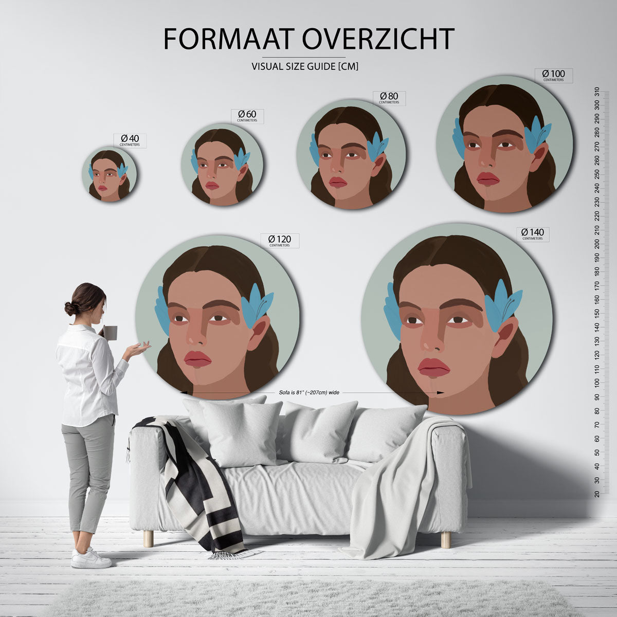 Vrouw met blauwe bloemen Muurcirkel