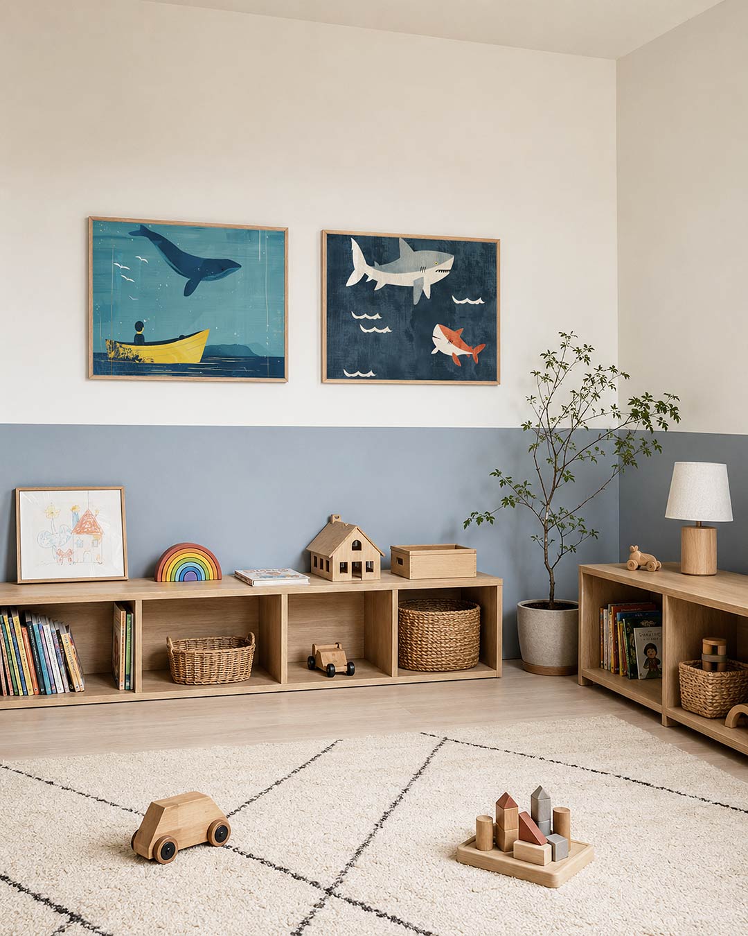 Tweedelige posterset met een blauwe walvis boven een gele boot op een rustige zee, getoond in een interieur