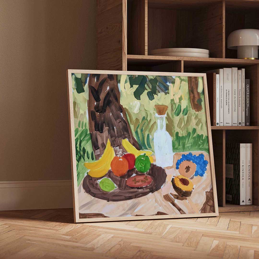 Fruit en fles op tafel Poster