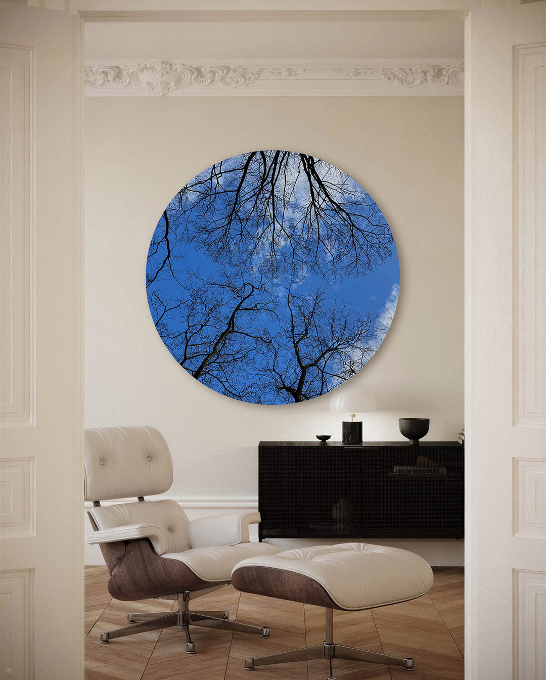 Blauwe lucht met takken Muurcirkel