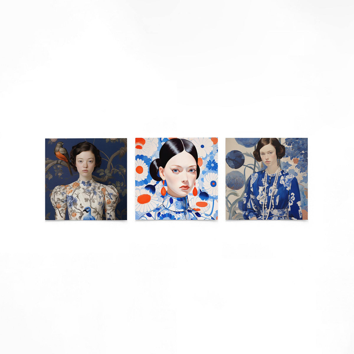 Drie vierkante posters met vrouwenportretten met bloemen op een gebroken witte achtergrond