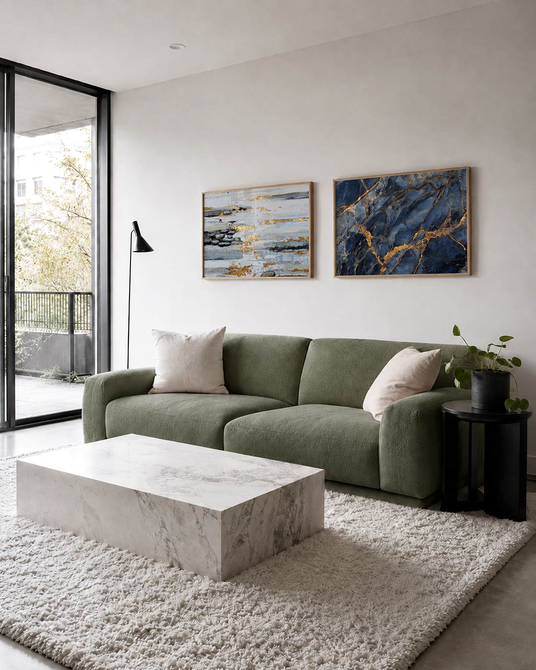 Tweedelige posterset met een spel van horizontale lijnen in zachte grijstinten met gouden accenten, getoond in een interieur