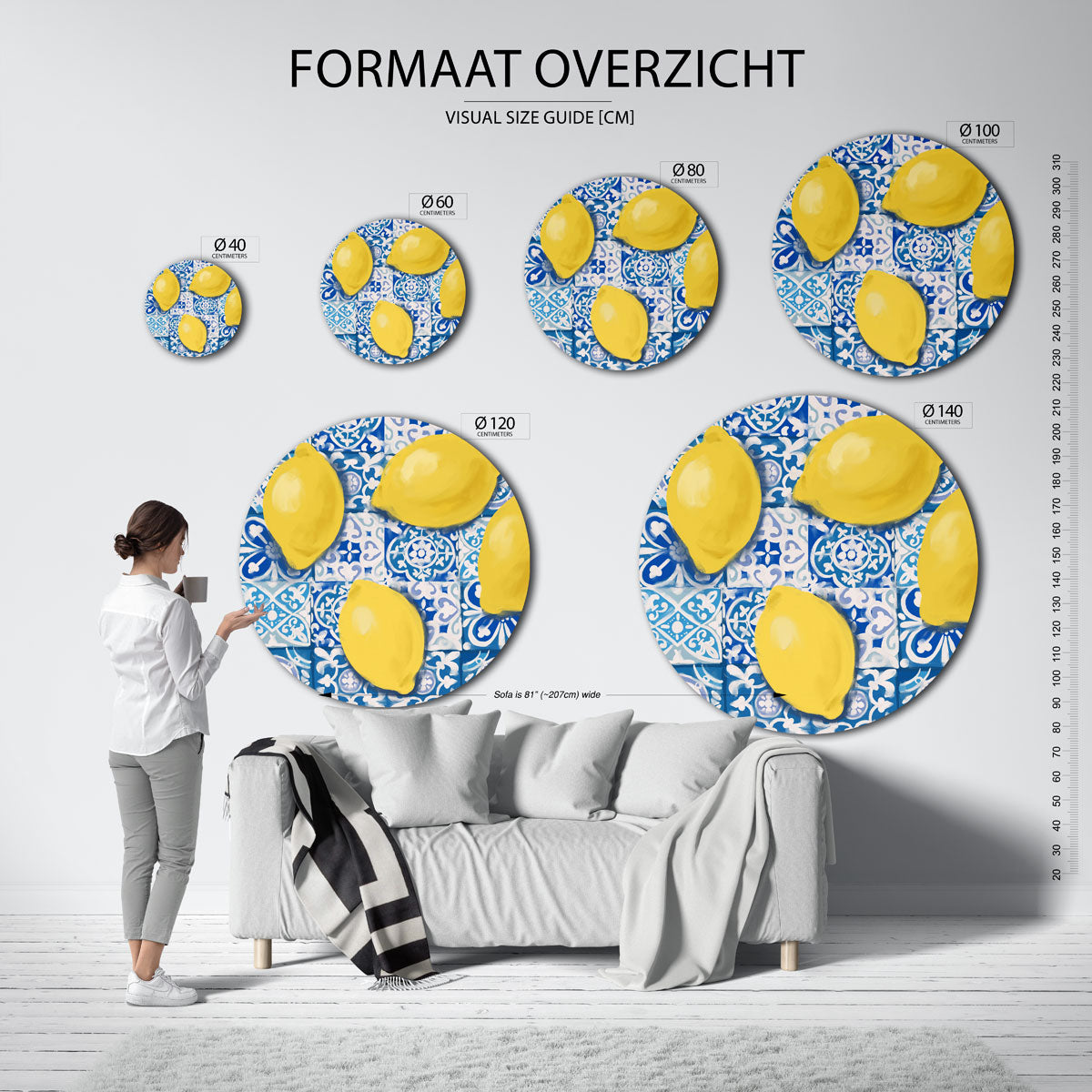 Citroenen op tegelpatroon Muurcirkel