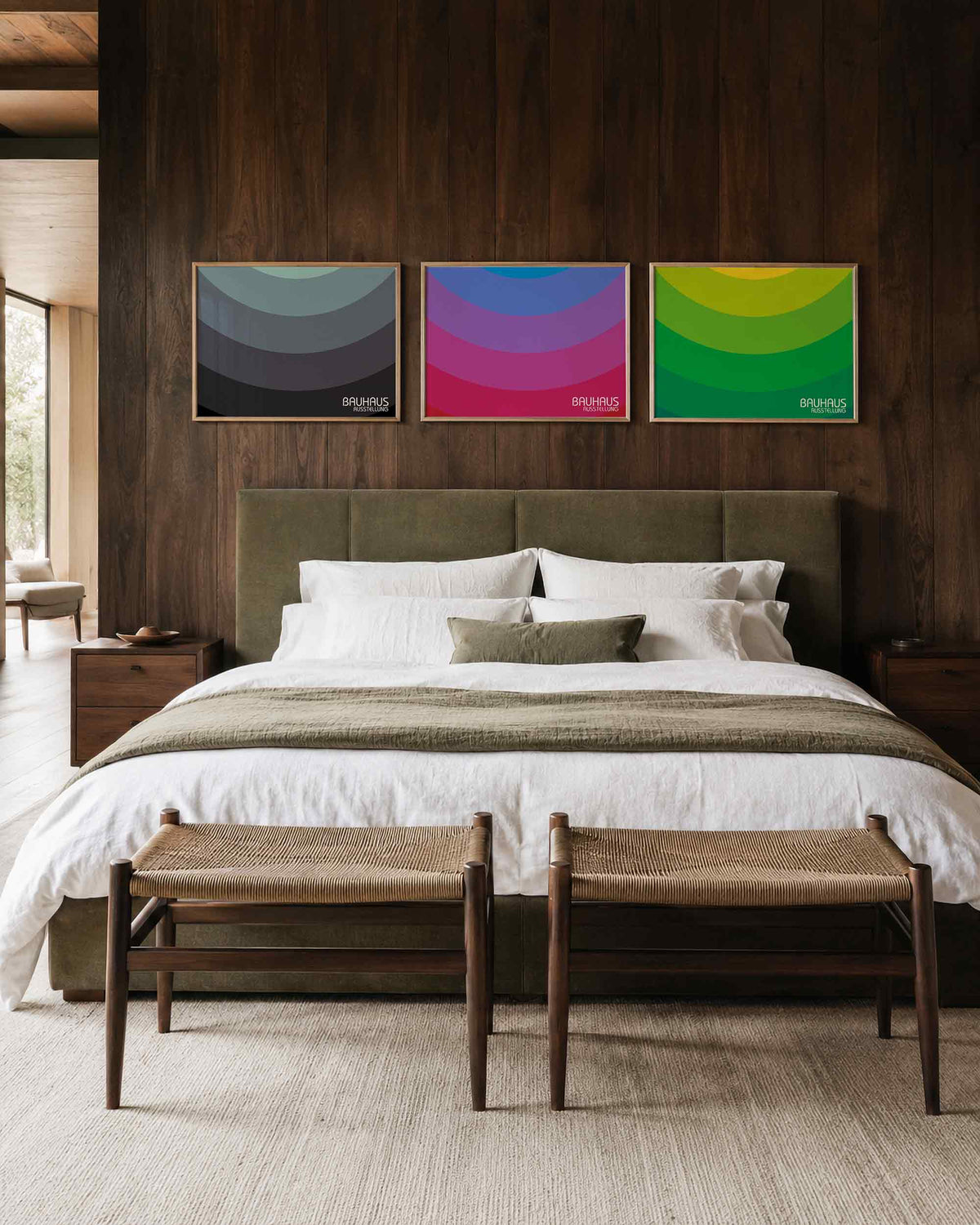Interieurmockup van drieluik landscape-posterset met gebogen kleurenritme