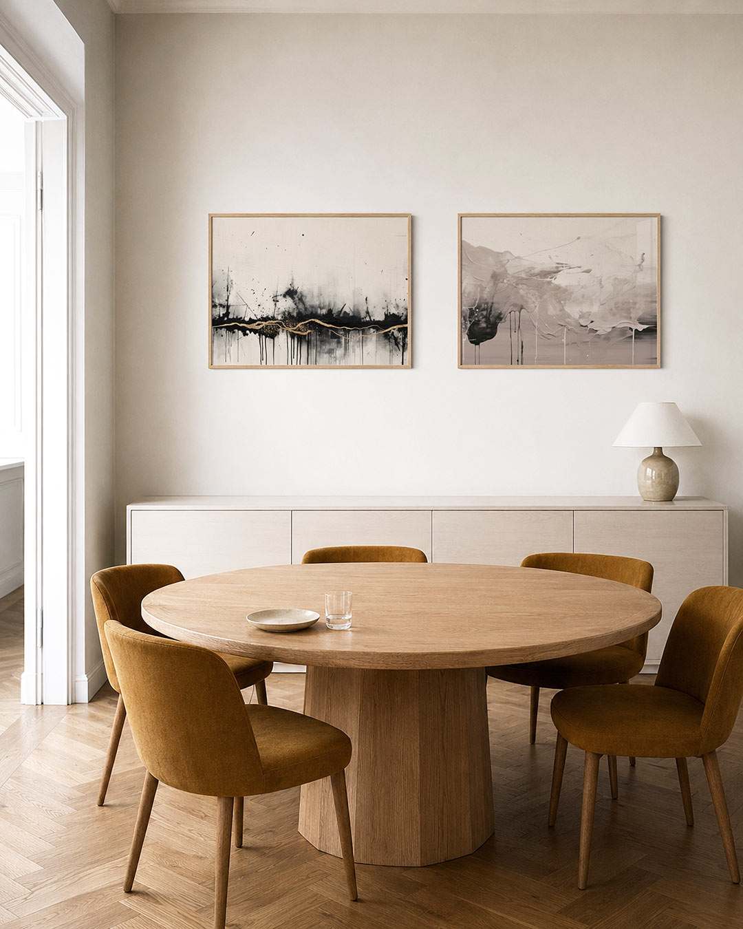 Twee liggende posters met zwarte spatten en gouden accenten op een lichte achtergrond, aan de muur in een interieur