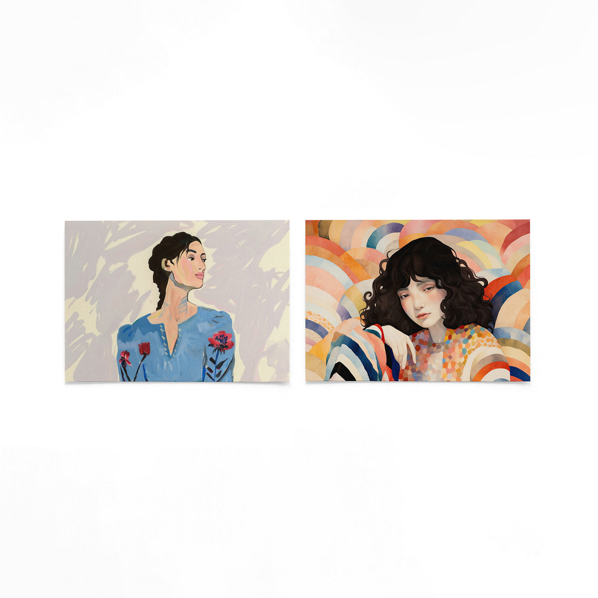 Twee liggende posters met een vrouw in een blauwe jurk met bloemen op een gebroken witte achtergrond