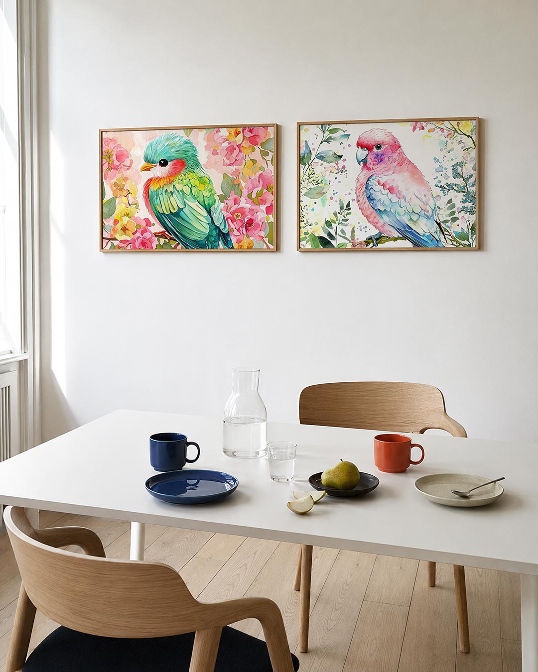 Interieurpresentatie van twee posters met een kleurrijke vogel met levendige veren tussen een zee van roze en gele bloemen
