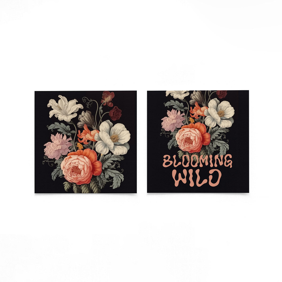Twee vierkante posters met bloemen en tekst op een gebroken witte achtergrond