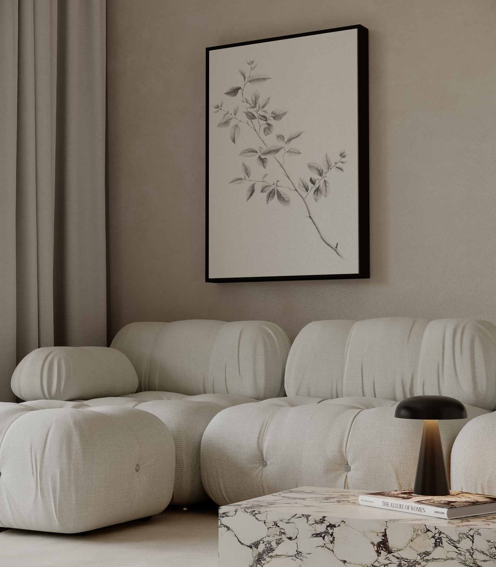 Elegante Botanische Tekening van een Tak Kunstwerk-canvas-dibond-plexiglas-wanddecoratie-WallArtistic