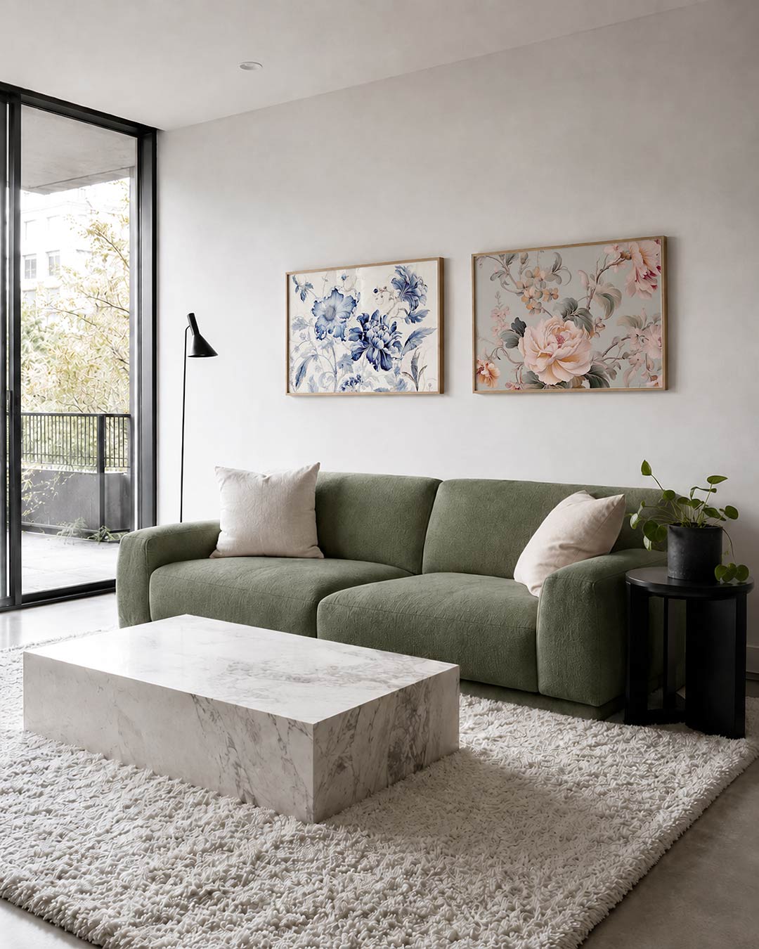 Tweedelige posterset met delicate bloemen in blauw-witte tinten, getoond in een interieur