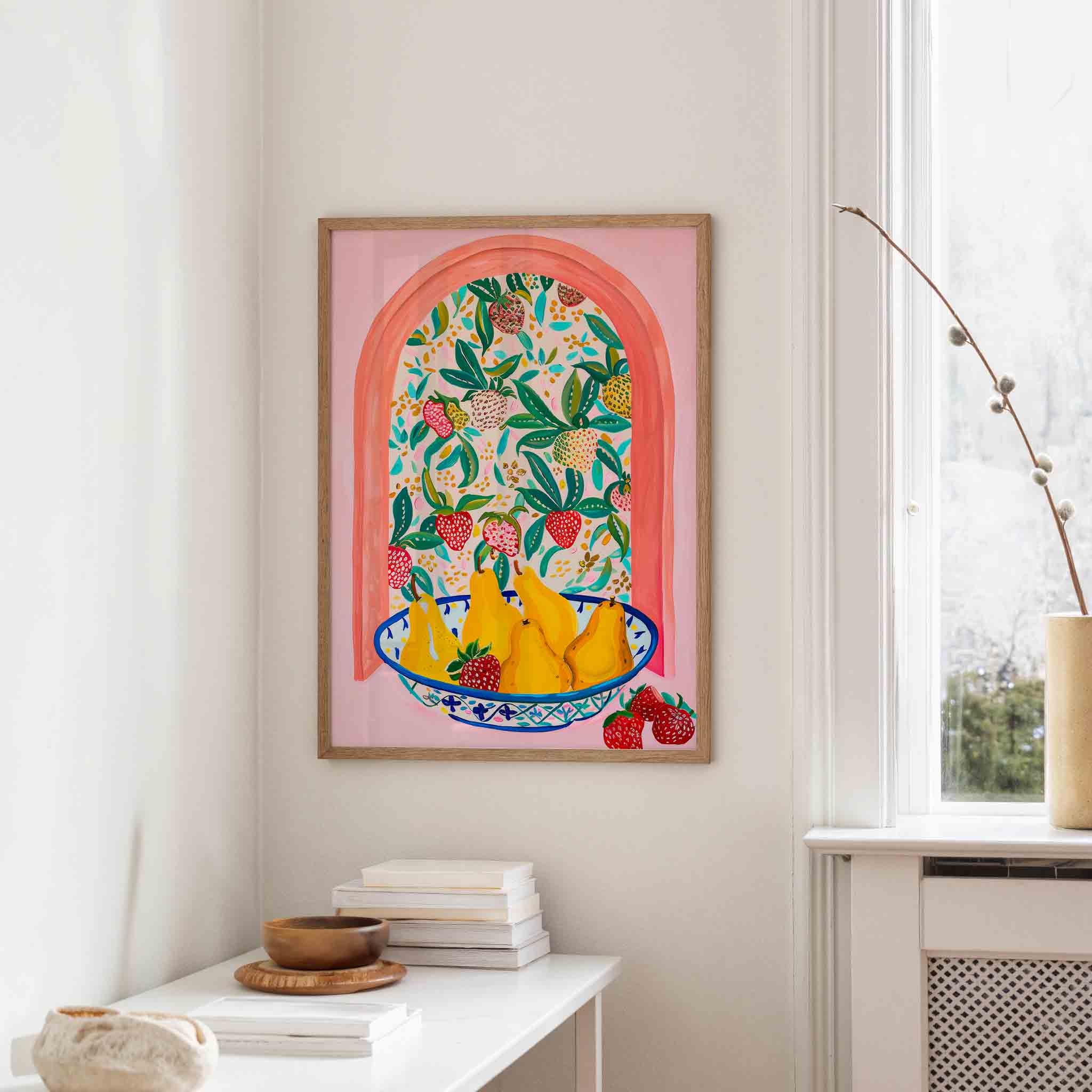 Fruitmand met peren en aardbeien Poster