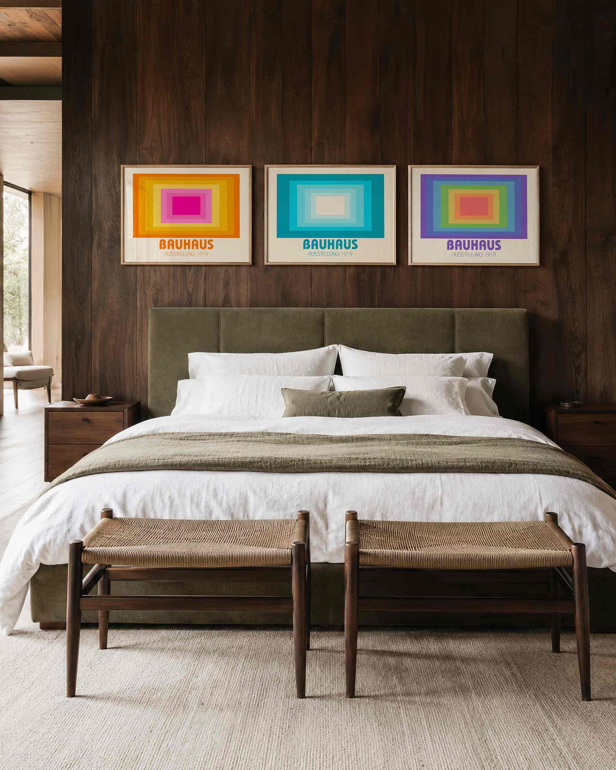 Interieurmockup van drieluik landscape-posterset met gekleurde rechthoeklagen