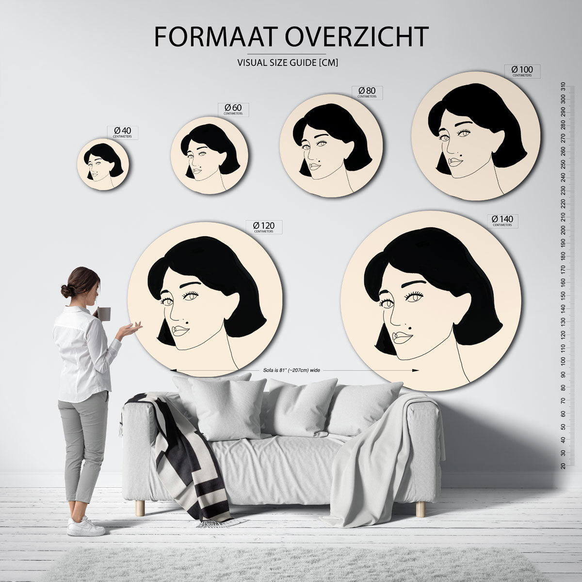 Portret met zwarte lijnen Muurcirkel