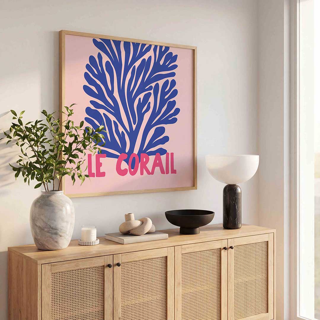 Blauw koraal op roze achtergrond Poster