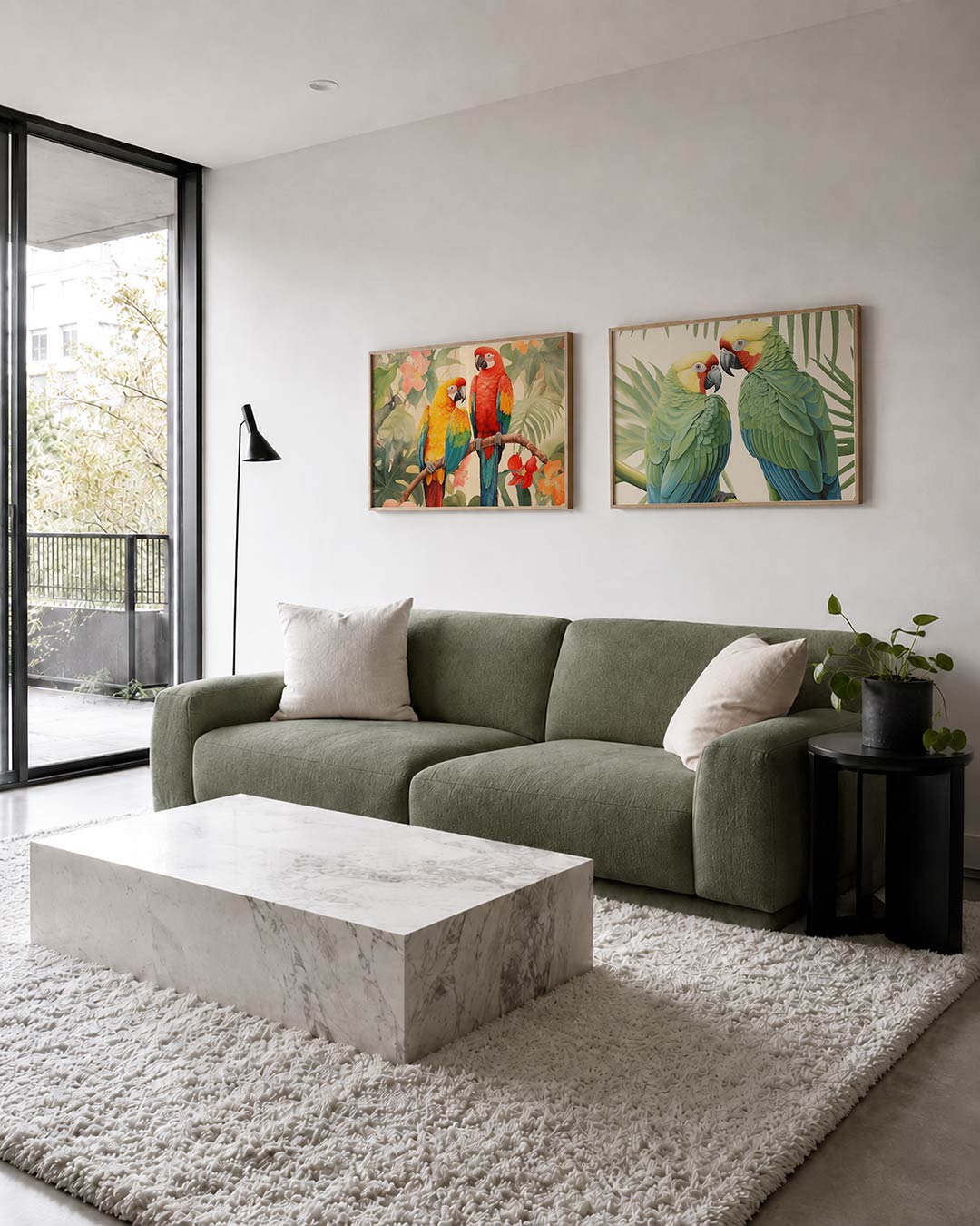 Tweedelige posterset met twee kleurrijke papegaaien op een tak tussen groene bladeren en bloemen, getoond in een interieur