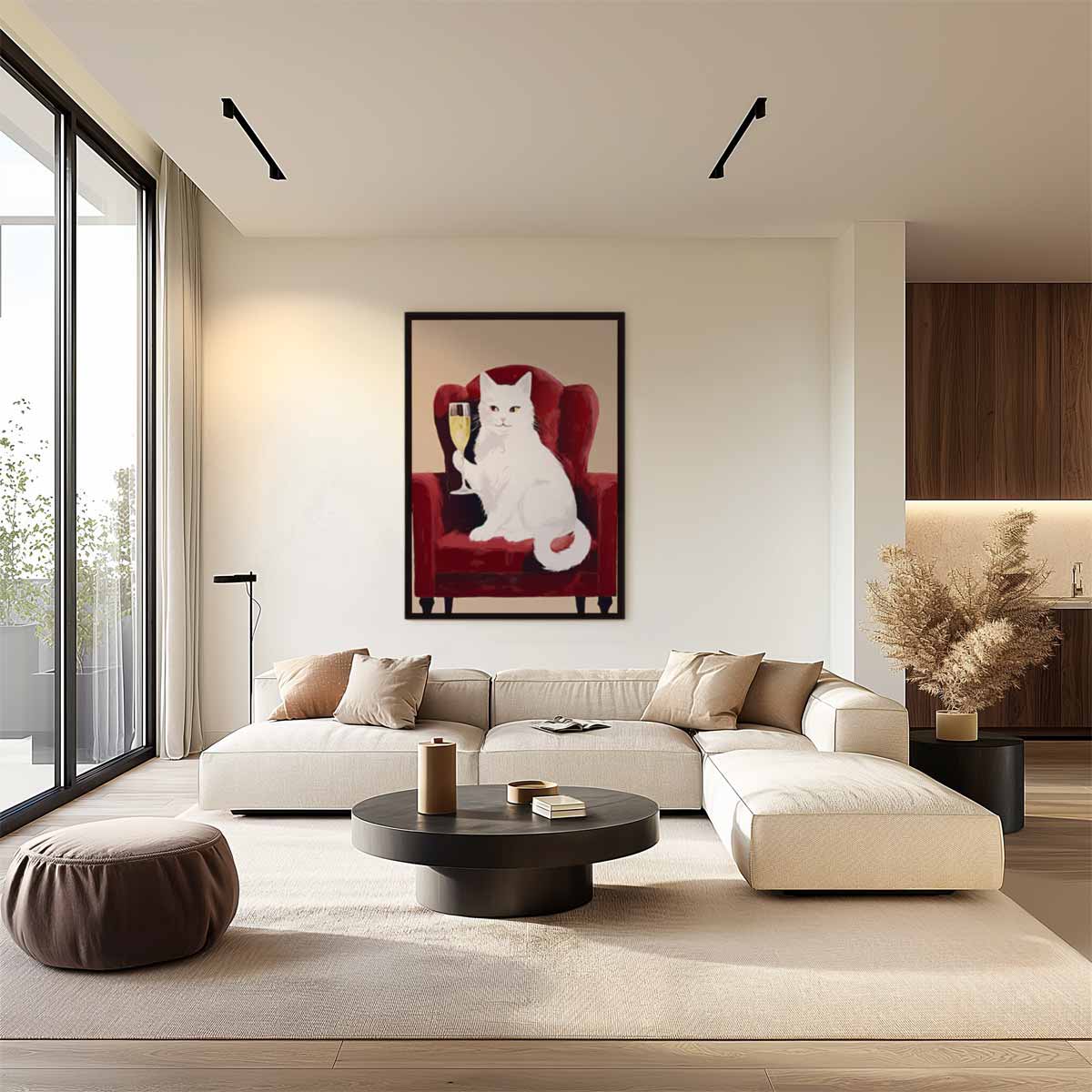 Aristocratische Kat op Rode Fauteuil Kunstwerk-canvas-dibond-plexiglas-wanddecoratie-WallArtistic