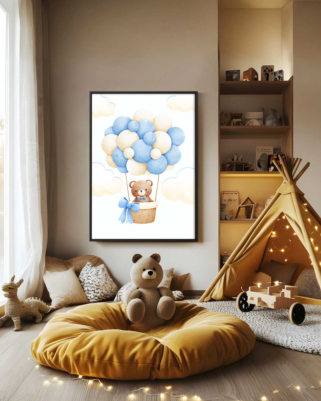 Dromerige Teddy in Luchtballon Kunstwerk-canvas-dibond-plexiglas-wanddecoratie-WallArtistic