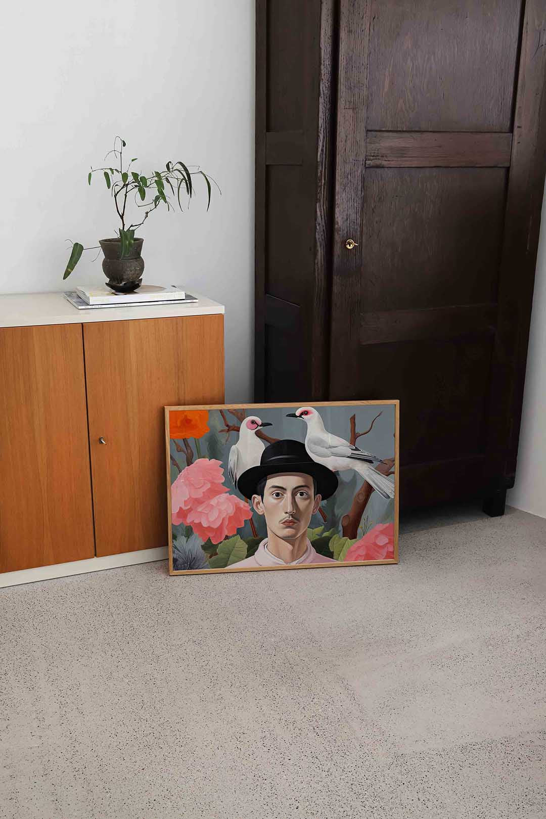 Man met hoed en vogels Poster